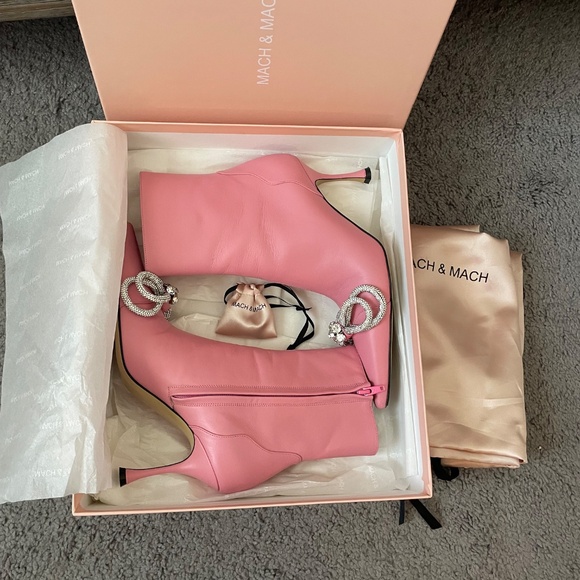MACH & MACH Pink Leather Double Bow Crystal Bootie - Picture 10 of 11